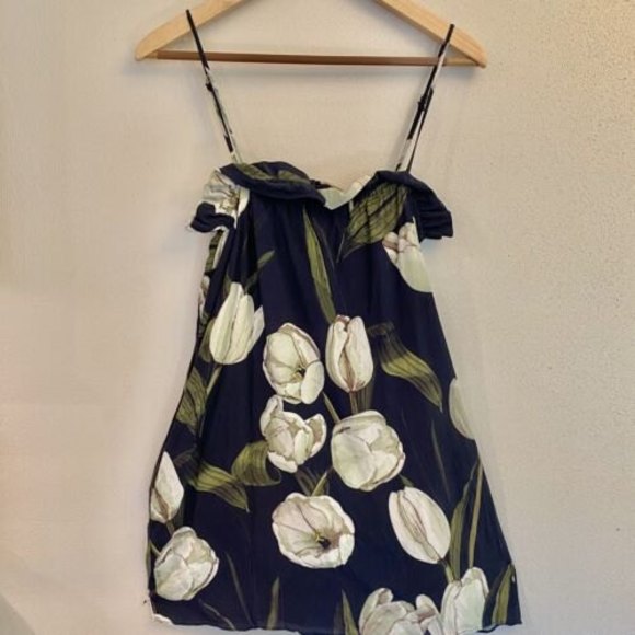 MLM Label Navy Floral Printed Ruffle Slip Blouse S - Picture 1 of 11